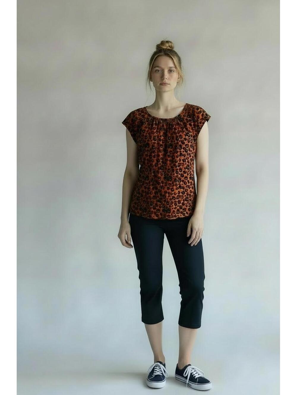 Cat & Jack Junior Orange & Navy Leopard Print Capped Sleeve Blouse, Size XL